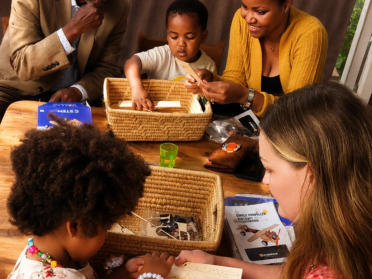 Families and children building a STEM model aircraft together
