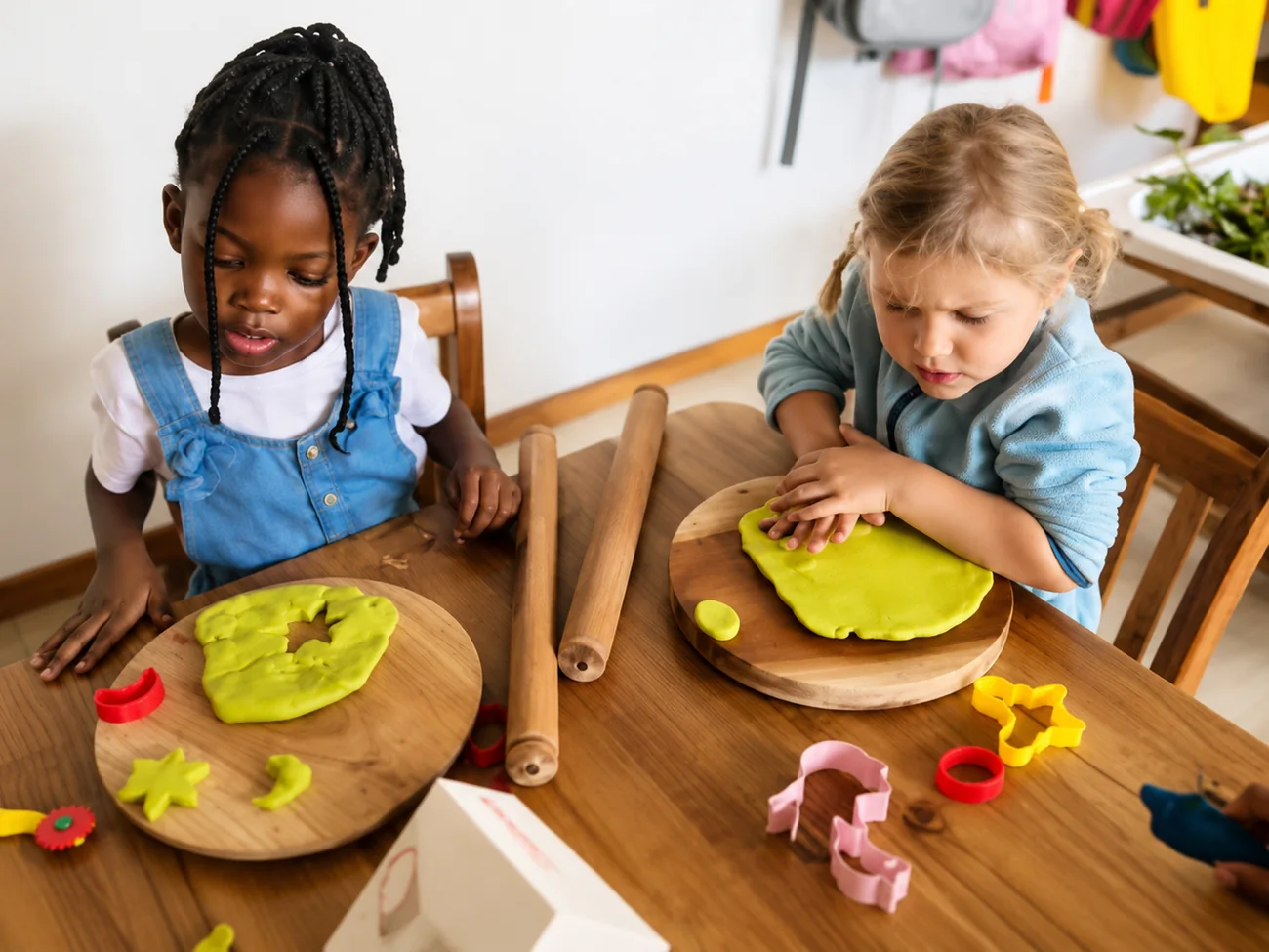 Two children rolling and shaping playdough at The Little Nest