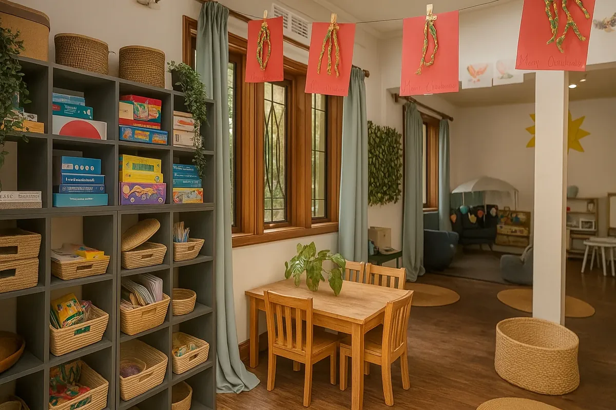 Resource shelves and learning materials at The Little Nest classroom