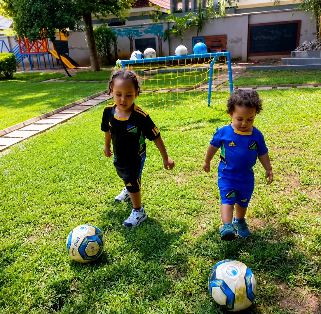 Young children playing football on the grass at The Little Nest, Arusha