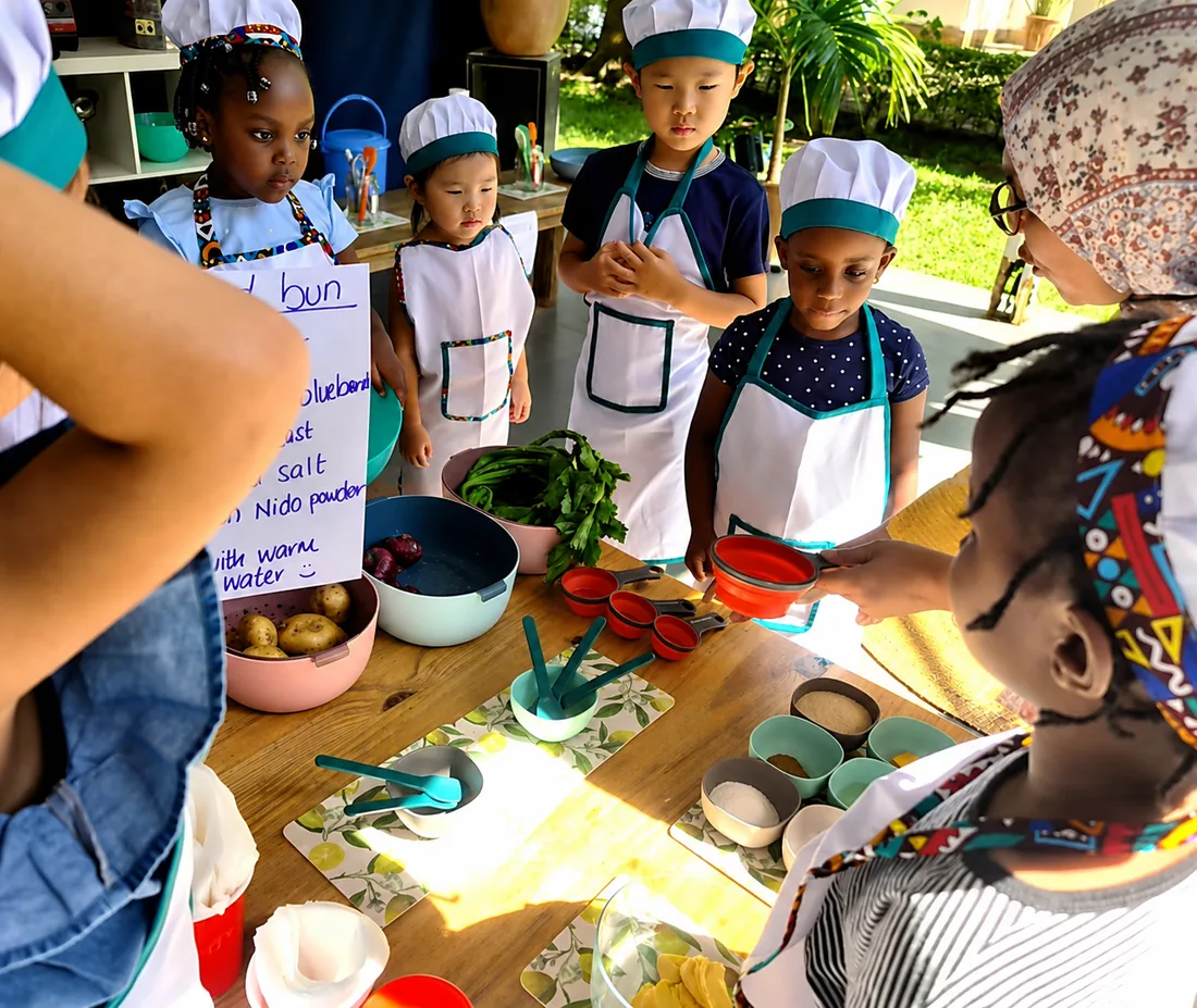 Children cooking together in chef hats and aprons at The Little Nest, Arusha