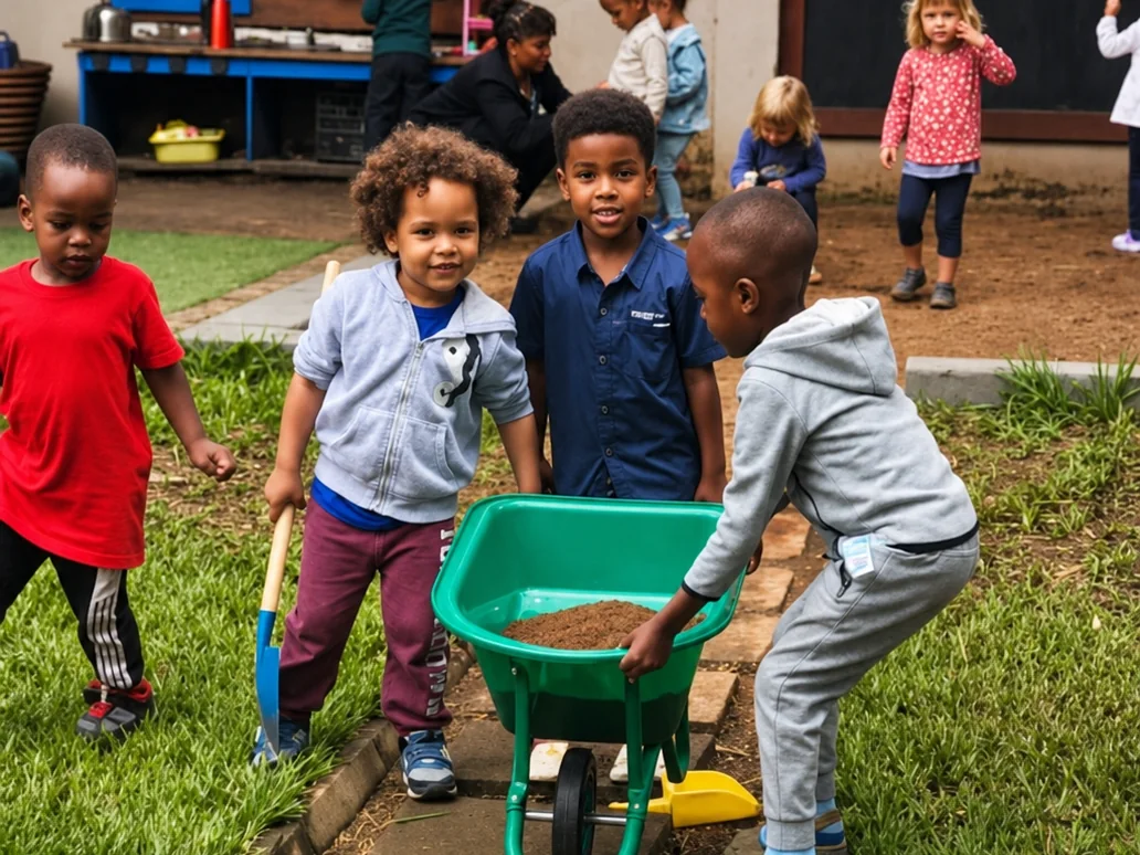 Children exploring the garden with a wheelbarrow at The Little Nest, Arusha