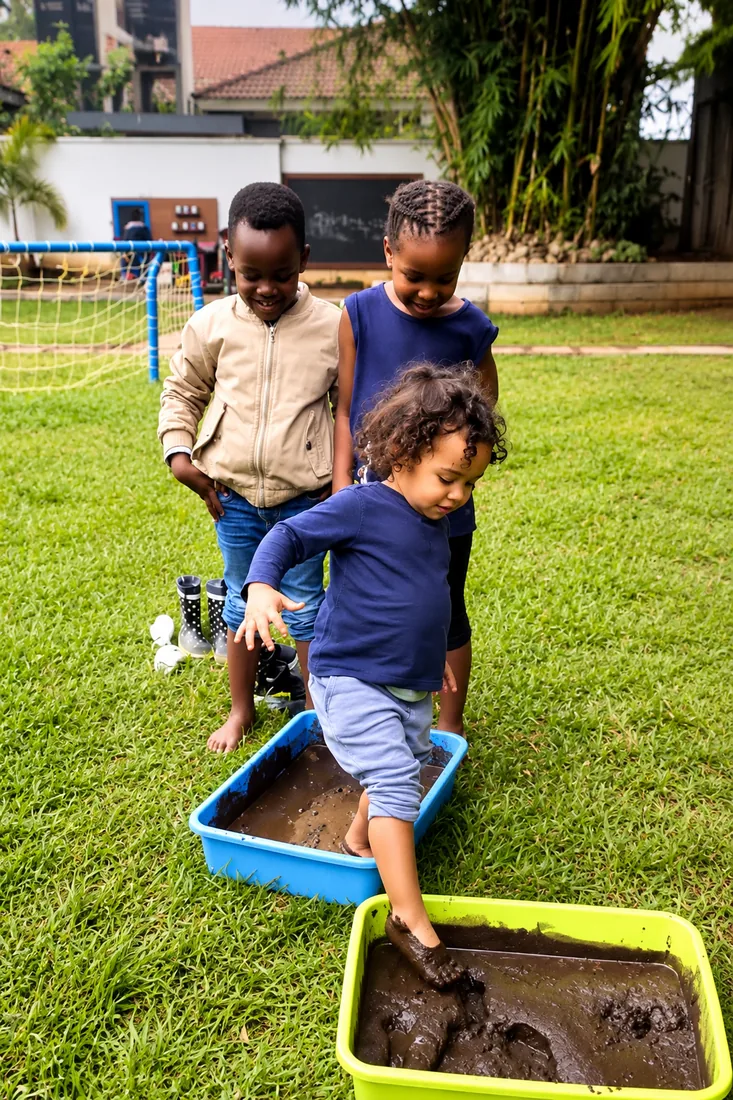 Children exploring messy play with mud trays at The Little Nest, Arusha